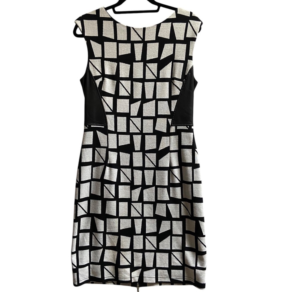 Joseph Ribkoff pattern back zipper leather panels midi dress Sz 12